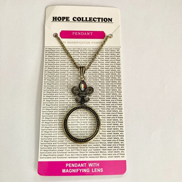 Gold Fleur de Lis Necklace 29" X-Long Magnifying Glass Vintage Plus Size Plated - Picture 7 of 16